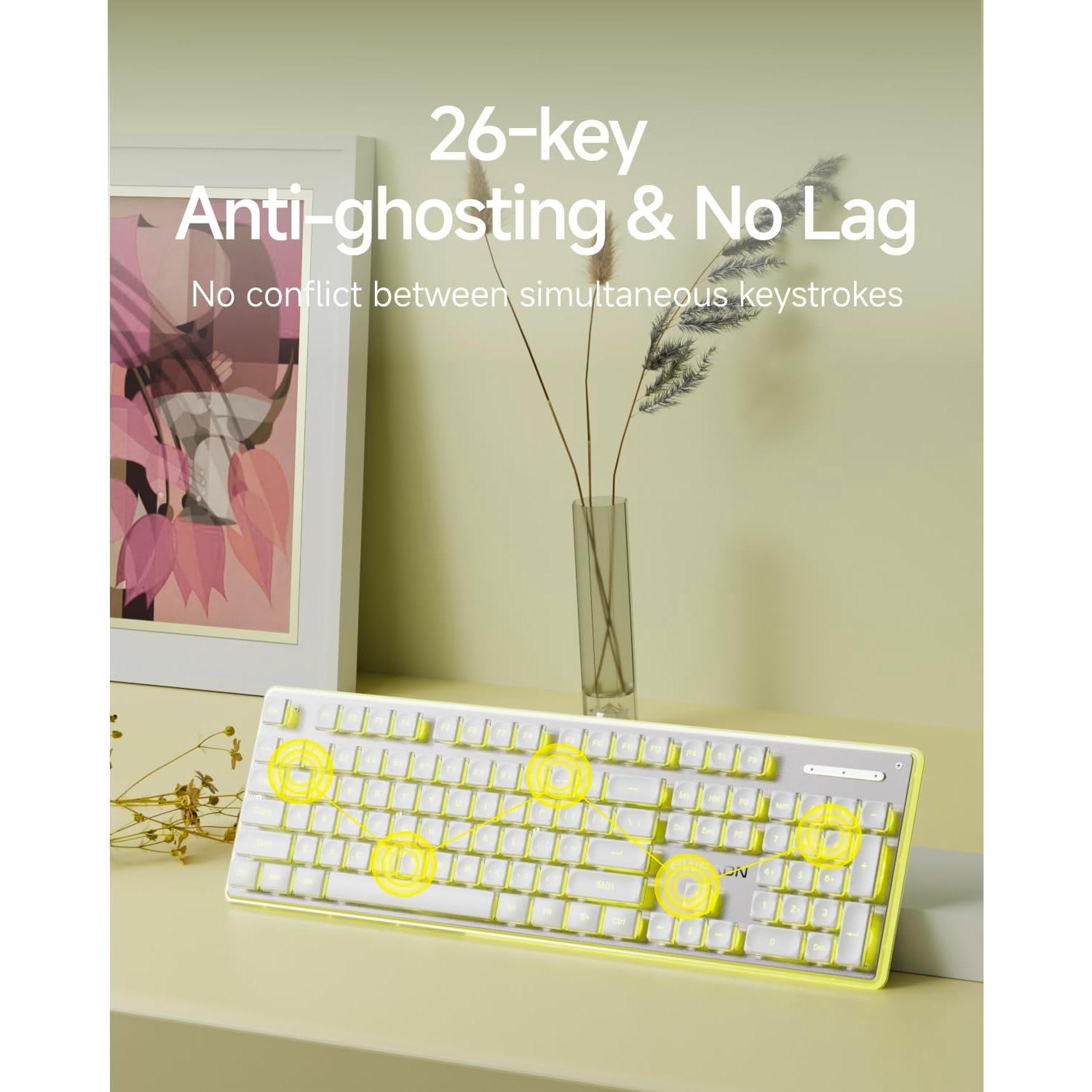 EWEADN X7S Wireless Keyboard with Yellow Backlit, Metal Panel, Bluetooth/2.4G Rechargeable Computer Keyboard Silent Light up Full Size Cute Keyboards for Win & MAC-White