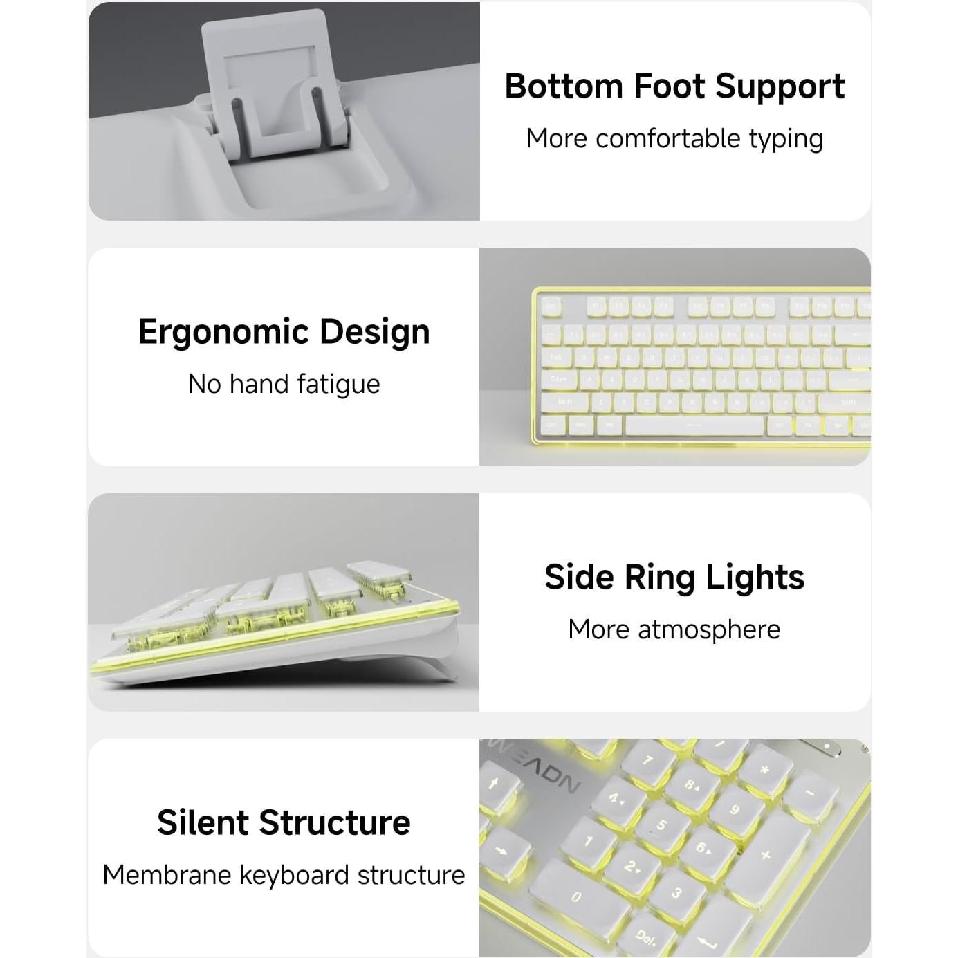 EWEADN X7S Wireless Keyboard with Yellow Backlit, Metal Panel, Bluetooth/2.4G Rechargeable Computer Keyboard Silent Light up Full Size Cute Keyboards for Win & MAC-White