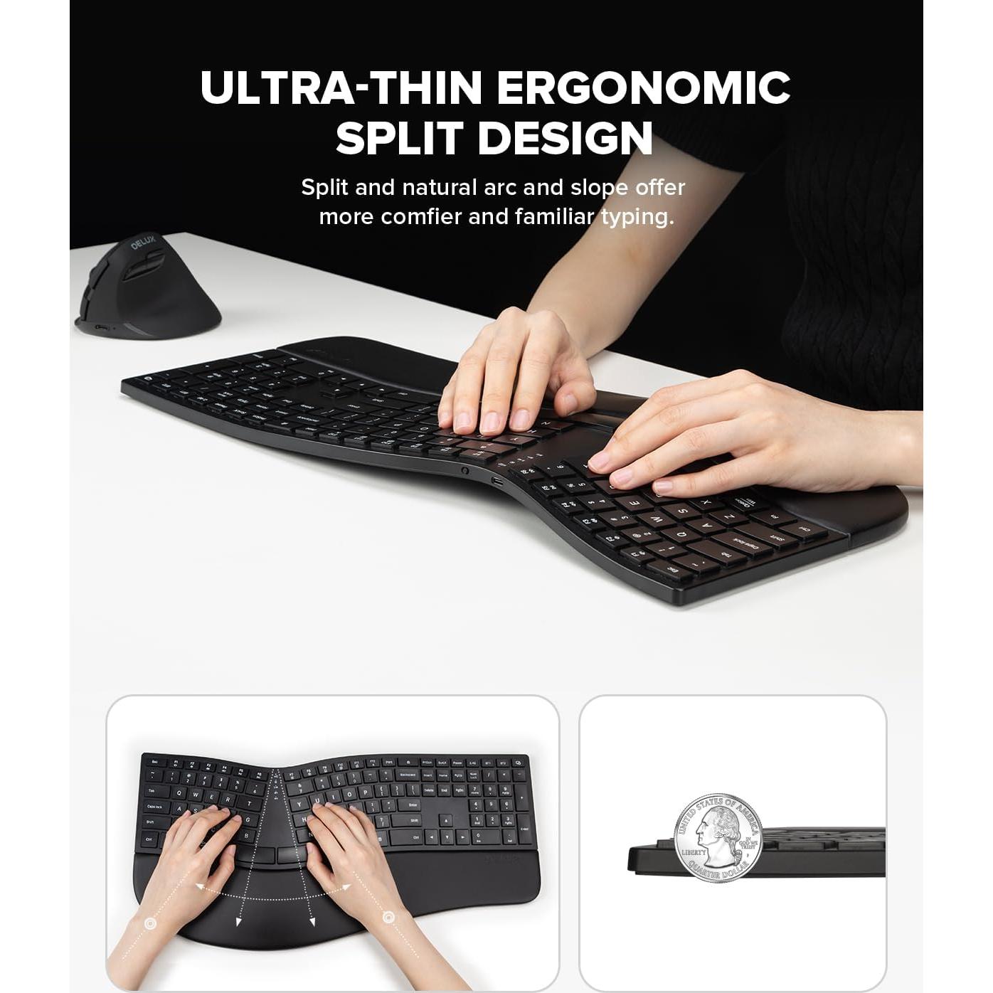 Combo Teclado Ergonómico Inalámbrico DeLUX y Ratón Vertical
