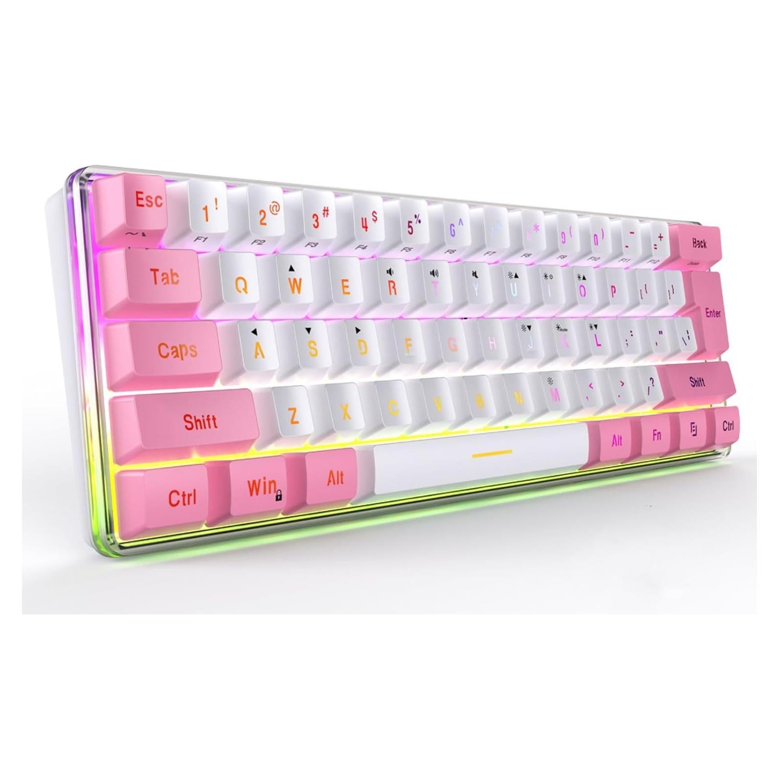 Teclado Gaming Compacto Dioche 60% RGB 61 Teclas USB Rosa Blanco