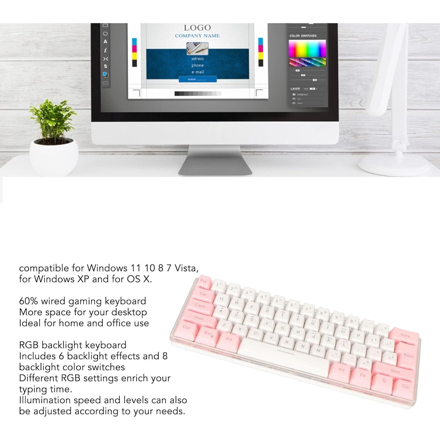 Teclado Gaming Compacto Dioche 60% RGB 61 Teclas USB Rosa Blanco