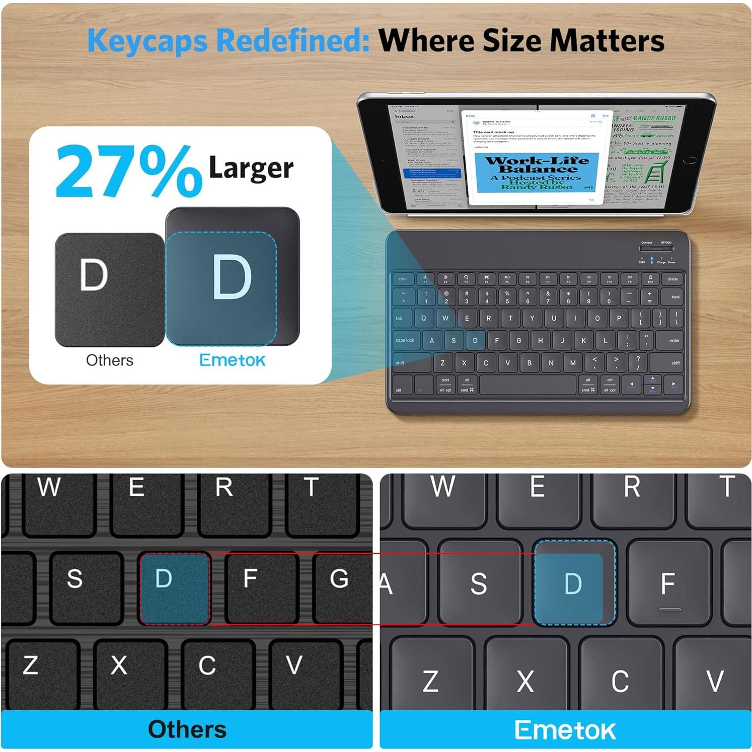 Teclado Inalámbrico Emetok Bluetooth Portátil con Teclas Grandes