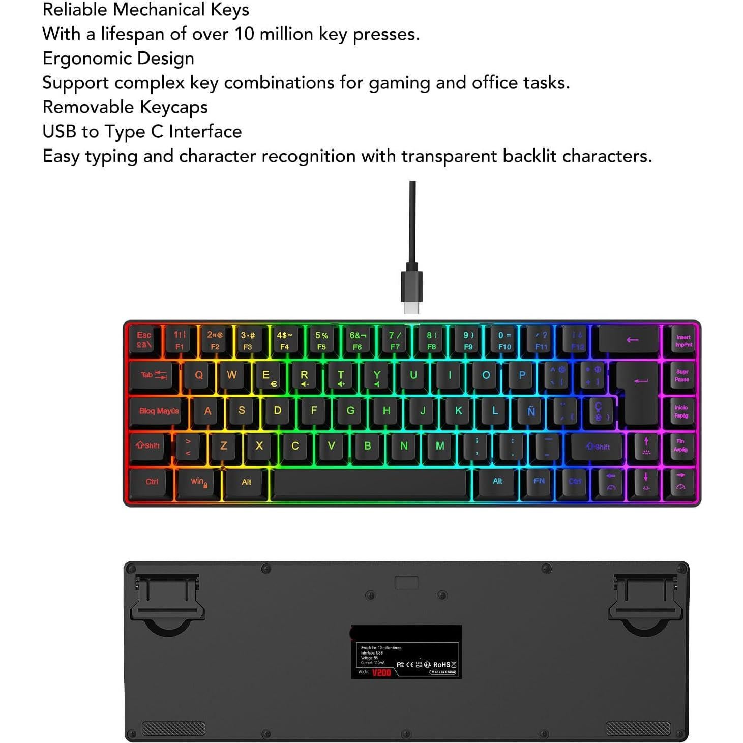 Teclado Mecánico para Juegos Yunir 68 Teclas RGB Ergonómico