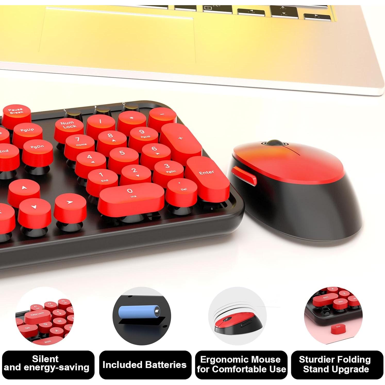 Teclado y Ratón Inalámbricos Retro COOFUN Negro y Rojo