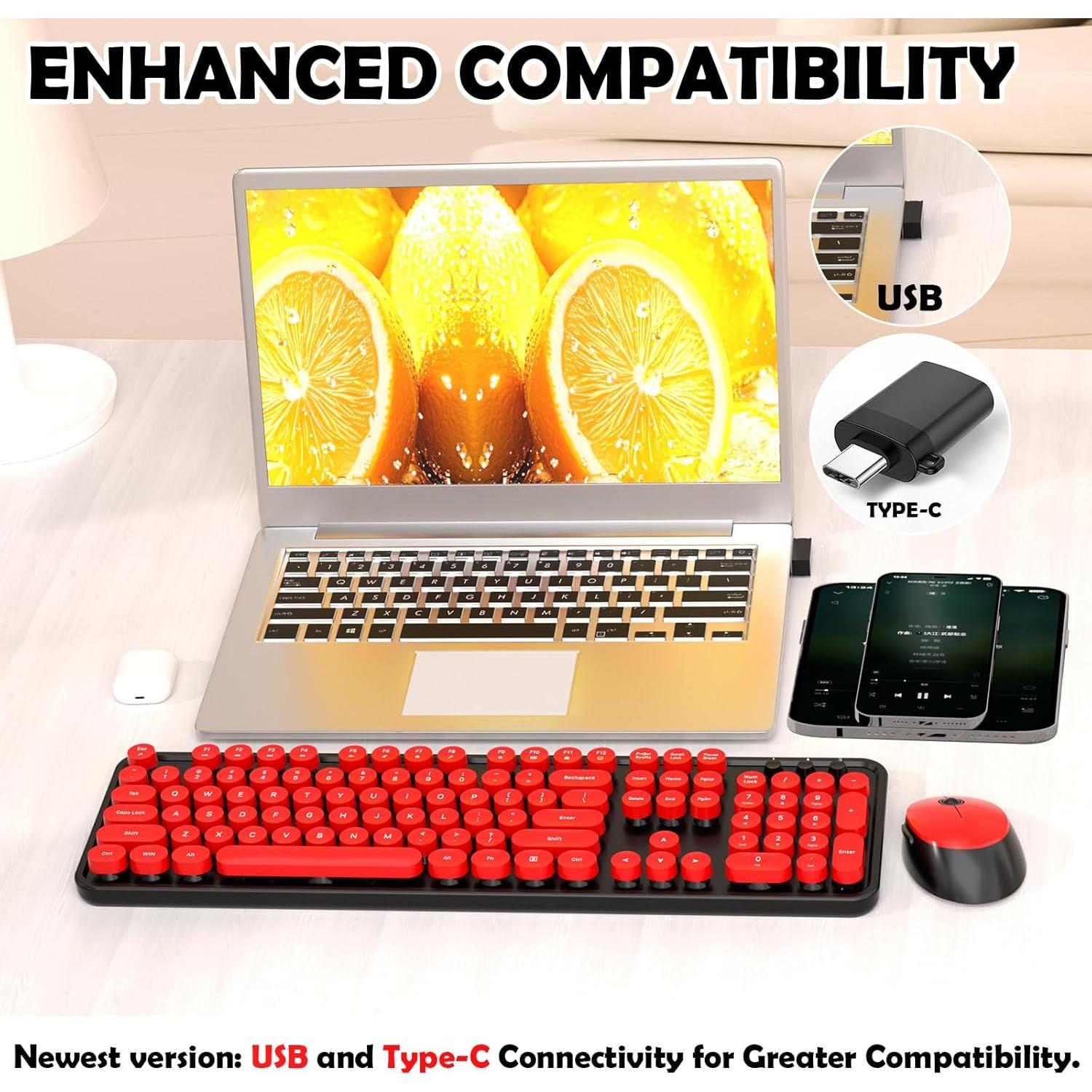 Teclado y Ratón Inalámbricos Retro COOFUN Negro y Rojo