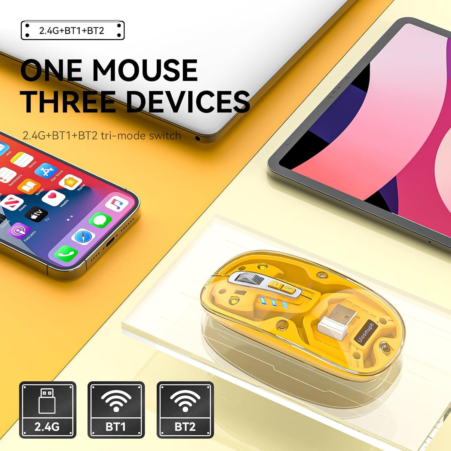 Ratón Inalámbrico Uiosmuph Tri-Modo Recargable USB-C Amarillo