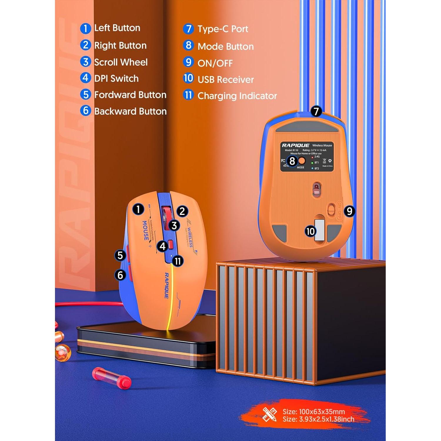 Ratón Inalámbrico RAPIQUE R110 - Bluetooth y USB, Recargable, Silencioso