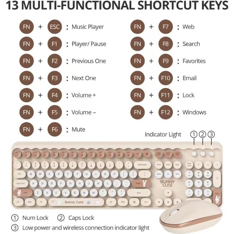 Coffee Colorful Wireless Keyboard and Mouse Combo Set, 2.4GHz Cute Typewriter Keyboard with Round Keycaps, Full Size Keyboard with Number Pad, Home and Office Silent Keyboards (Coffee)