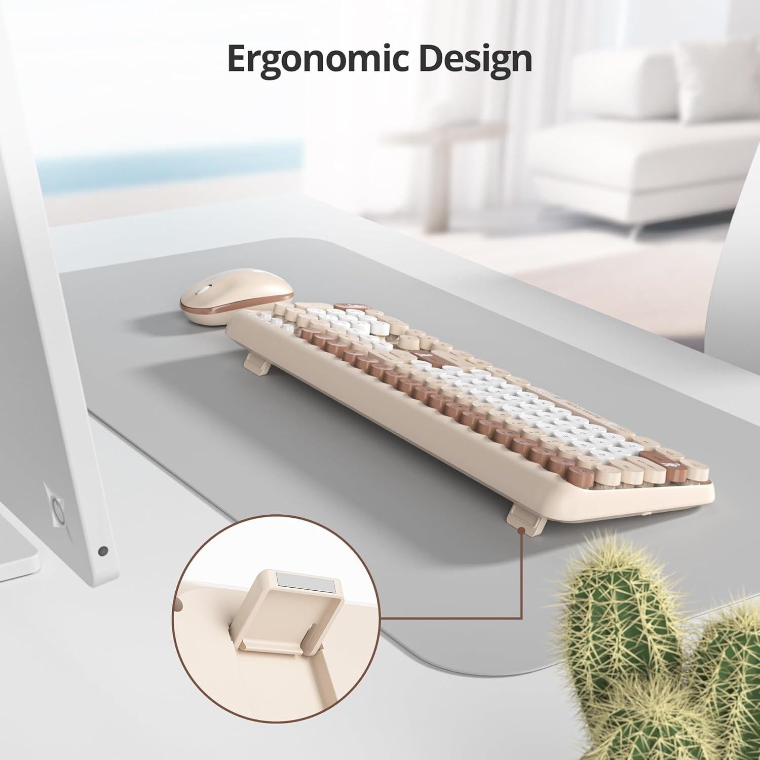 Coffee Colorful Wireless Keyboard and Mouse Combo Set, 2.4GHz Cute Typewriter Keyboard with Round Keycaps, Full Size Keyboard with Number Pad, Home and Office Silent Keyboards (Coffee)