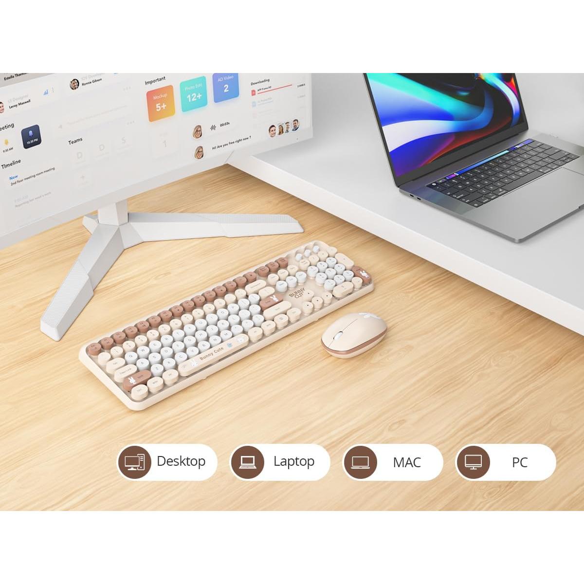 Coffee Colorful Wireless Keyboard and Mouse Combo Set, 2.4GHz Cute Typewriter Keyboard with Round Keycaps, Full Size Keyboard with Number Pad, Home and Office Silent Keyboards (Coffee)