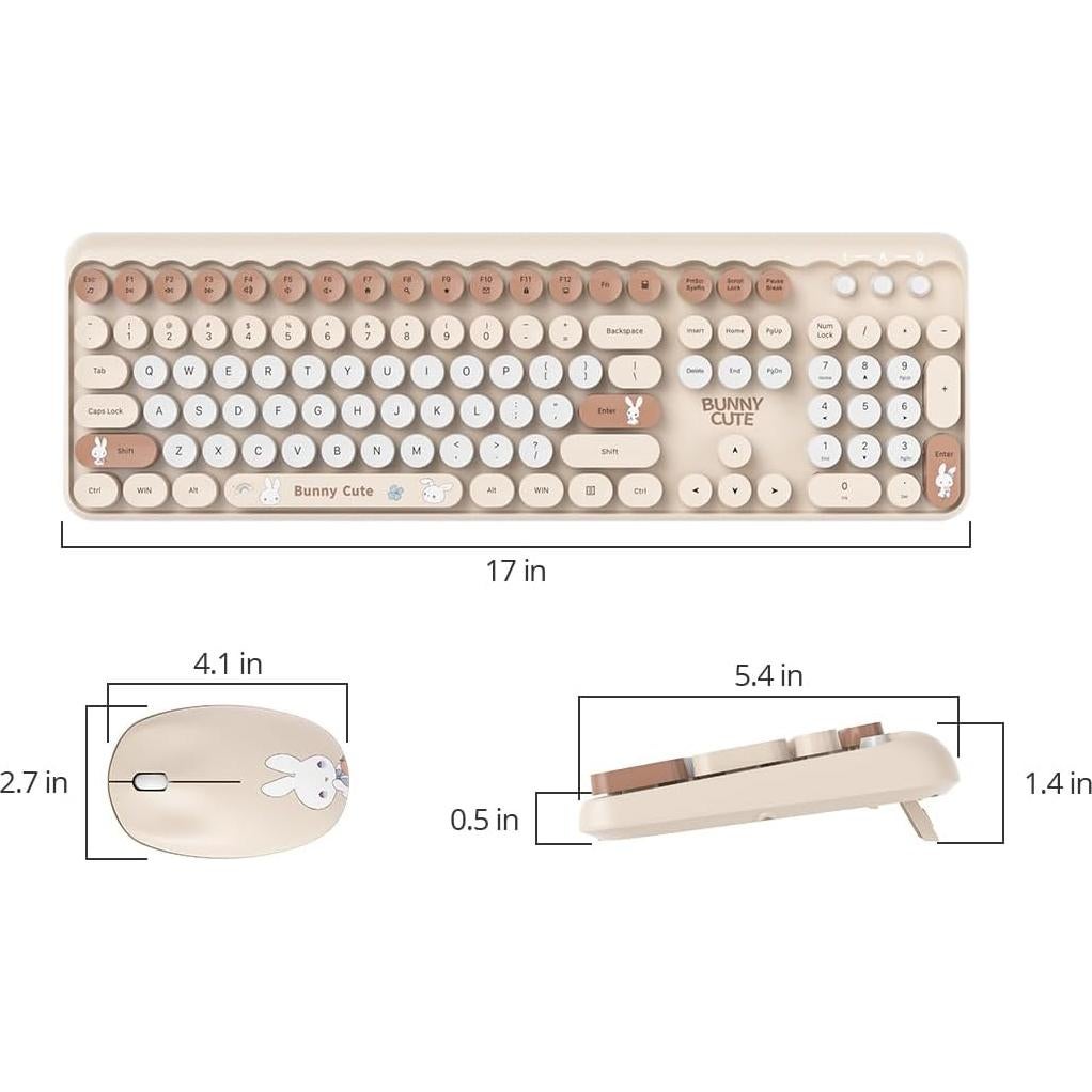 Coffee Colorful Wireless Keyboard and Mouse Combo Set, 2.4GHz Cute Typewriter Keyboard with Round Keycaps, Full Size Keyboard with Number Pad, Home and Office Silent Keyboards (Coffee)