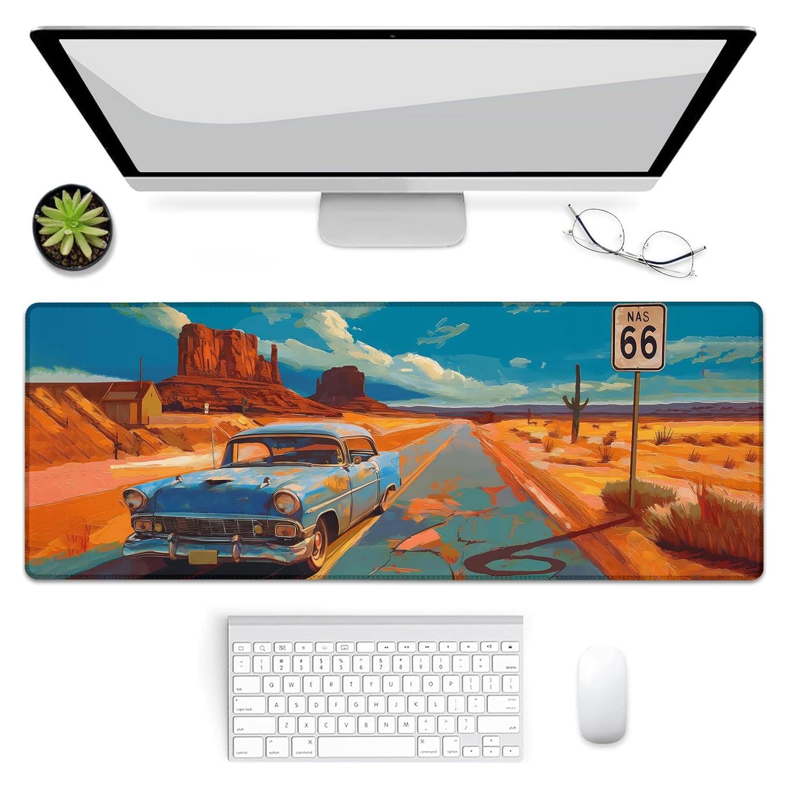 Gaming Mouse Pad, Vintage Car Route 66 Mouse Pad, Desk Mat, Non-Slip Rubber Base MousePads for Computers Laptop Office School Home Accessories Decor 31.5" x 11.8"