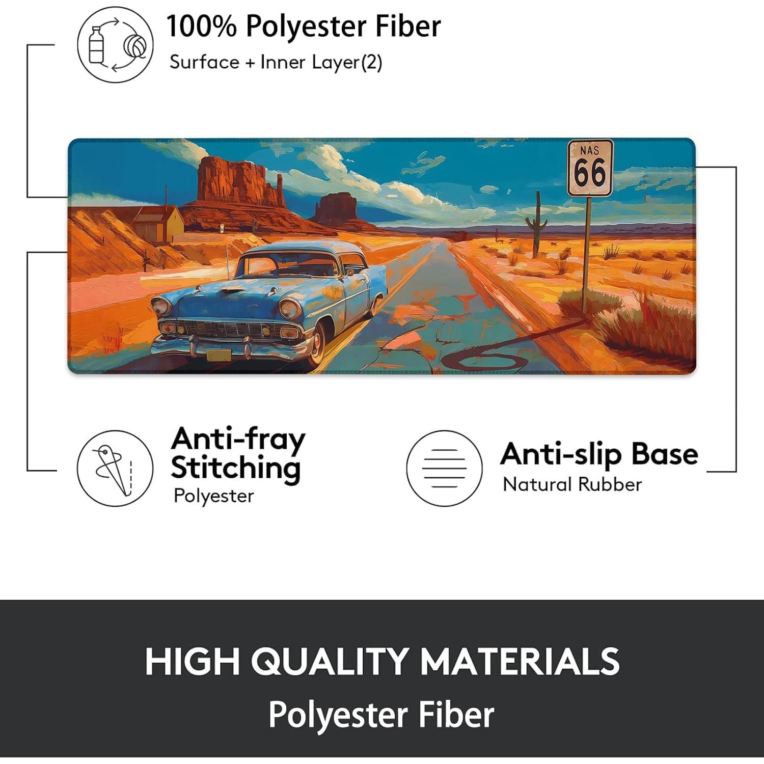 Gaming Mouse Pad, Vintage Car Route 66 Mouse Pad, Desk Mat, Non-Slip Rubber Base MousePads for Computers Laptop Office School Home Accessories Decor 31.5" x 11.8"