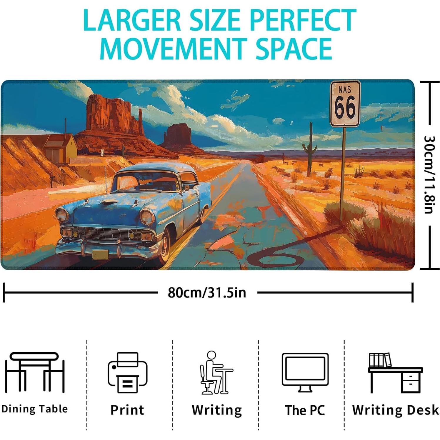 Gaming Mouse Pad, Vintage Car Route 66 Mouse Pad, Desk Mat, Non-Slip Rubber Base MousePads for Computers Laptop Office School Home Accessories Decor 31.5" x 11.8"