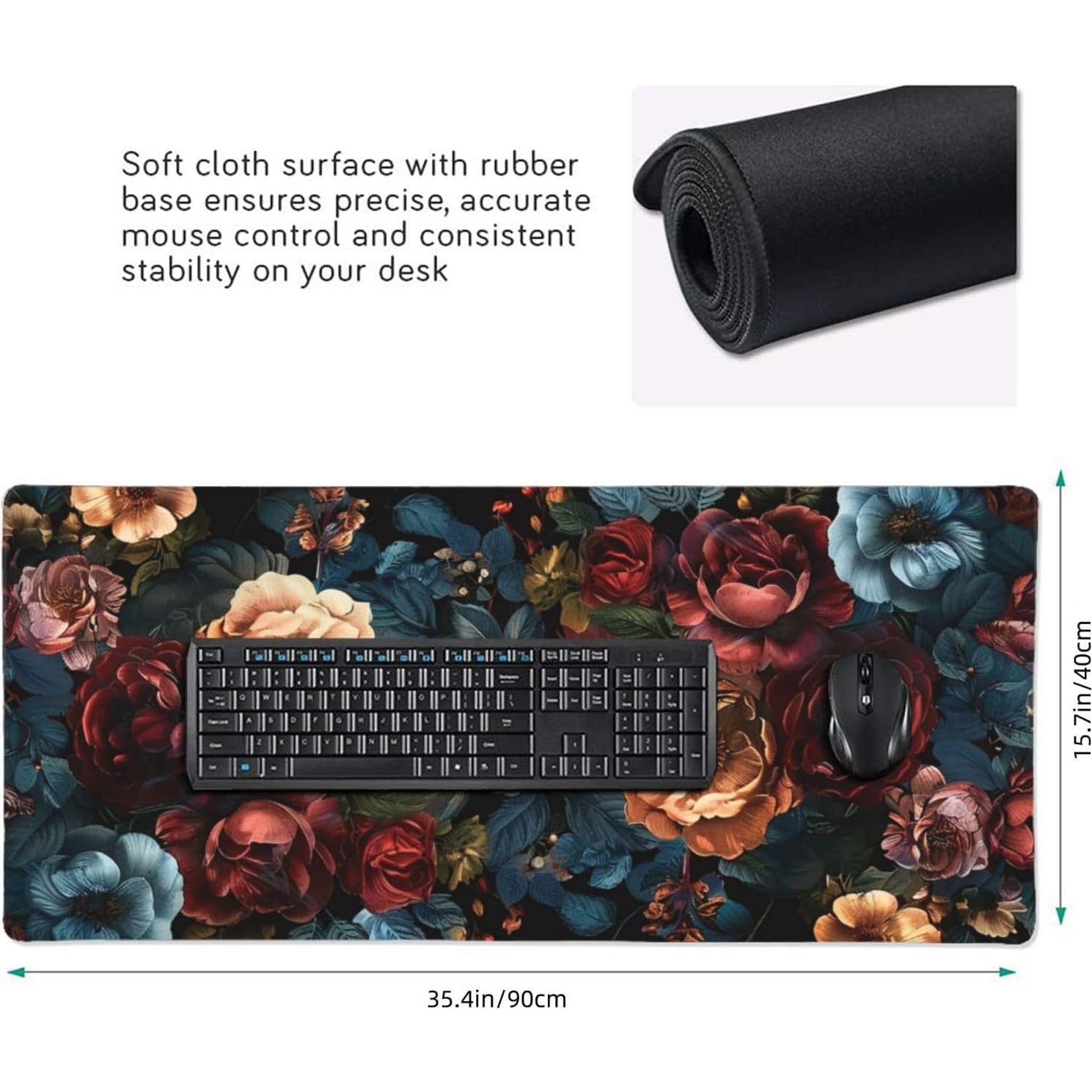 Alfombrilla de Ratón XXL KOBWOPI Impermeable 90x40cm Flores Rosa