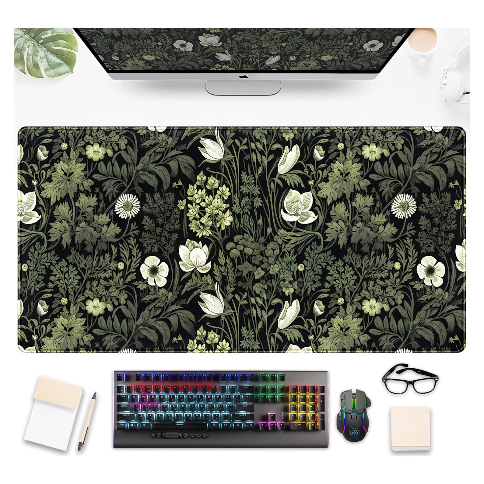 Alfombrilla de Escritorio XXL DSKGSJH Flores Verdes 80x40 cm