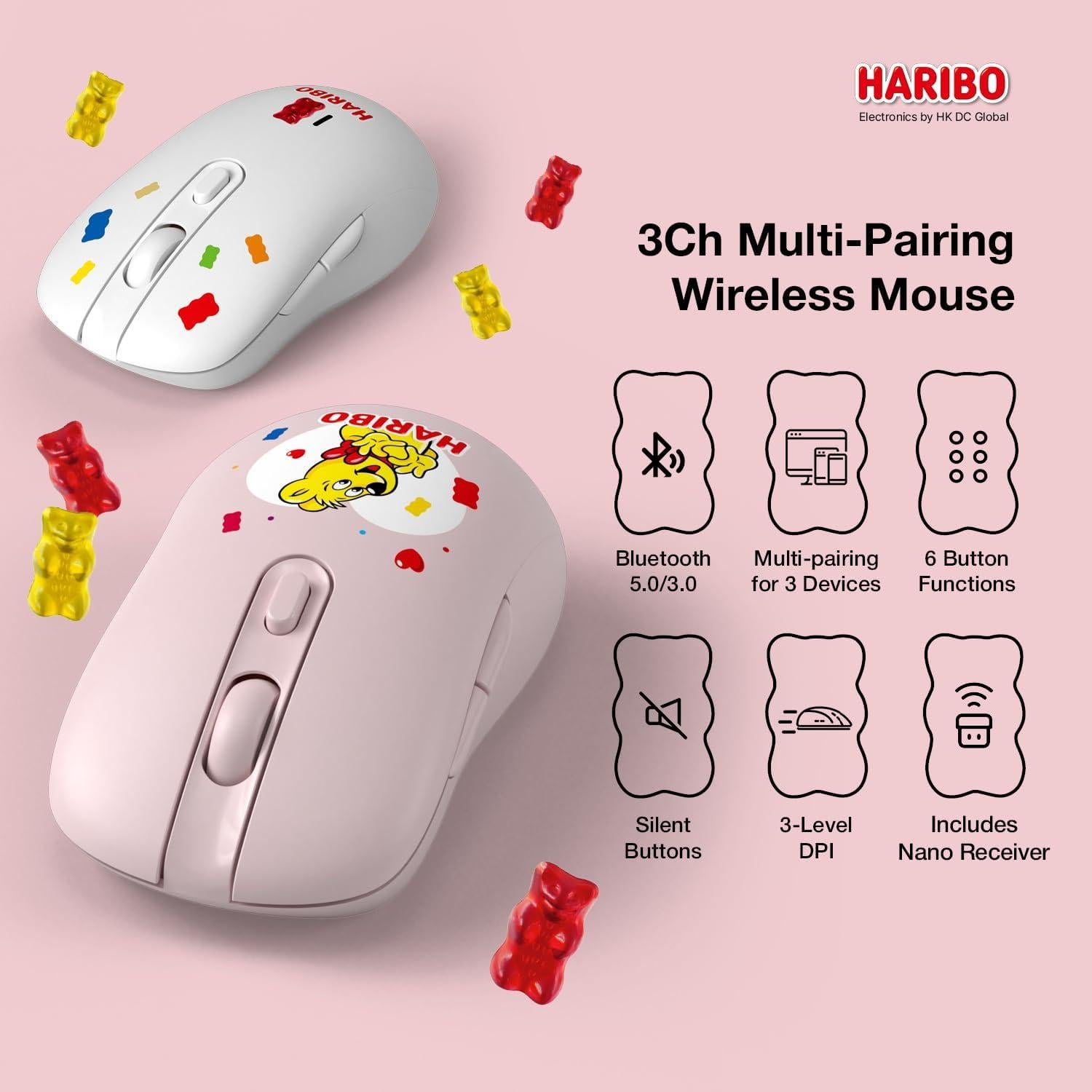 Ratón Inalámbrico Haribo PTWM-02, Bluetooth 5.0, DPI Ajustable