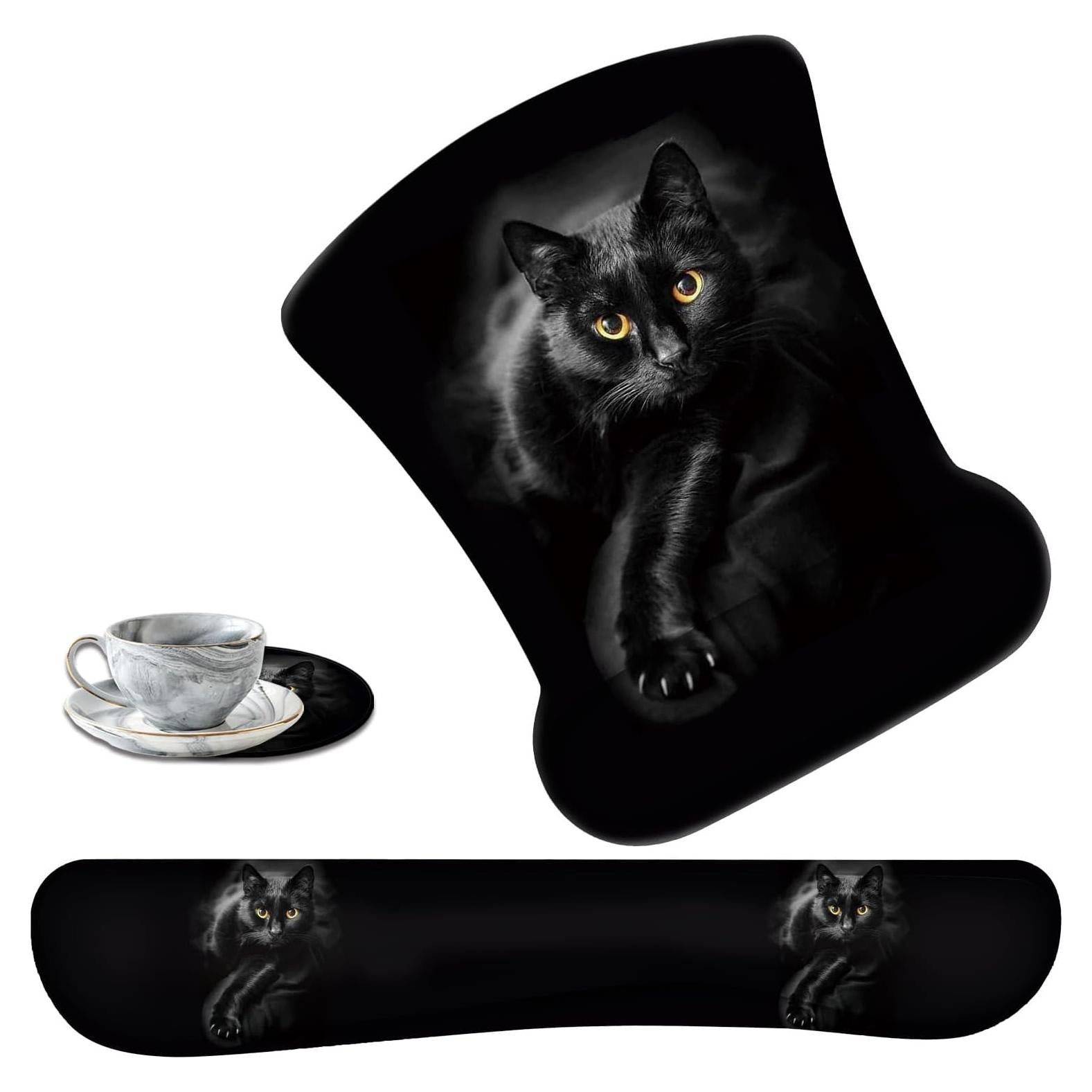 Juego de Soporte para Muñeca y Alfombrilla de Ratón Gato Negro