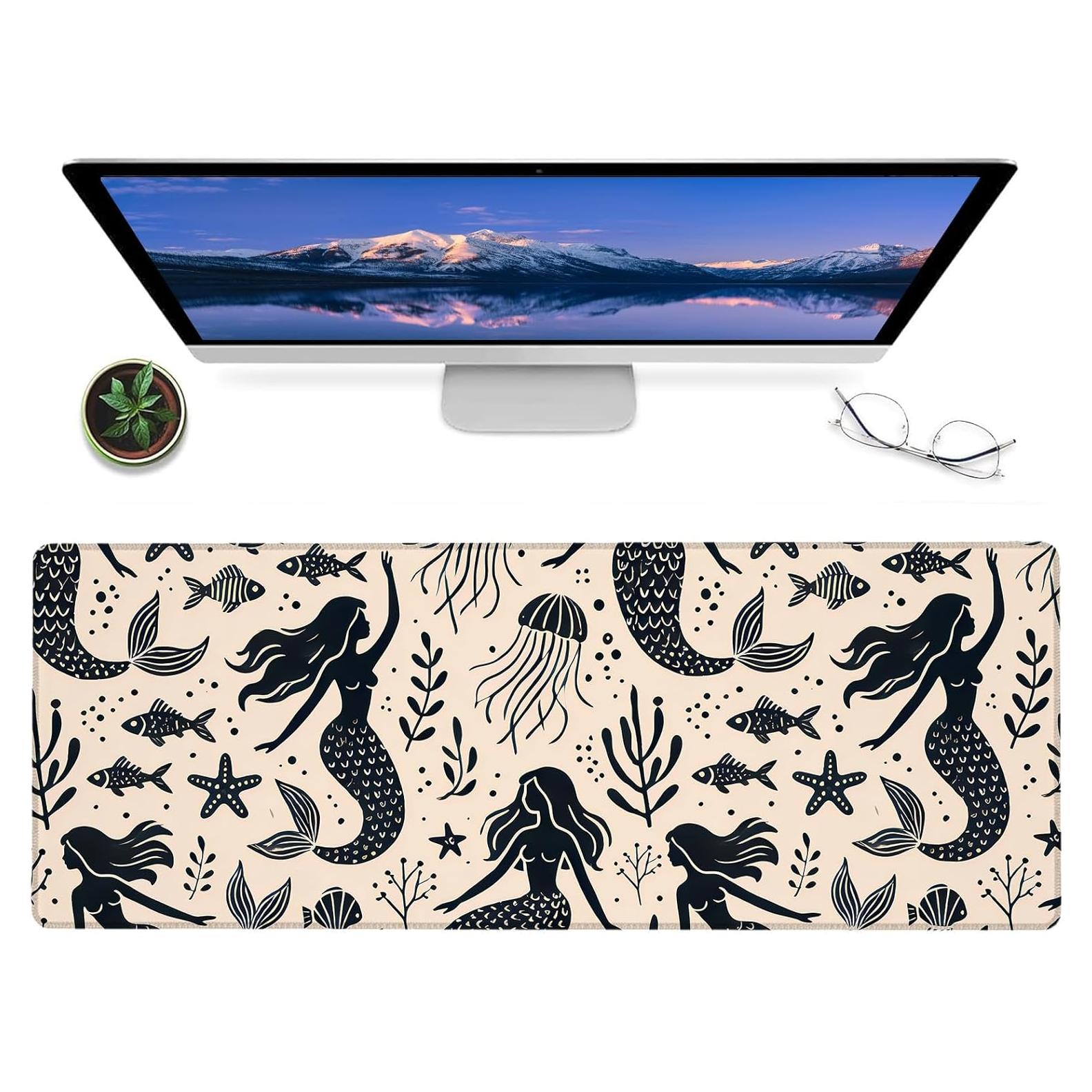 Vintage Mermaid Gaming Mouse Pad – 12x31.5in Large Extended Desk Mat with Retro Ocean Fantasy Design – Non-Slip Rubber Mousepad for Office Home– Deskmat Gifts for Girls Decor