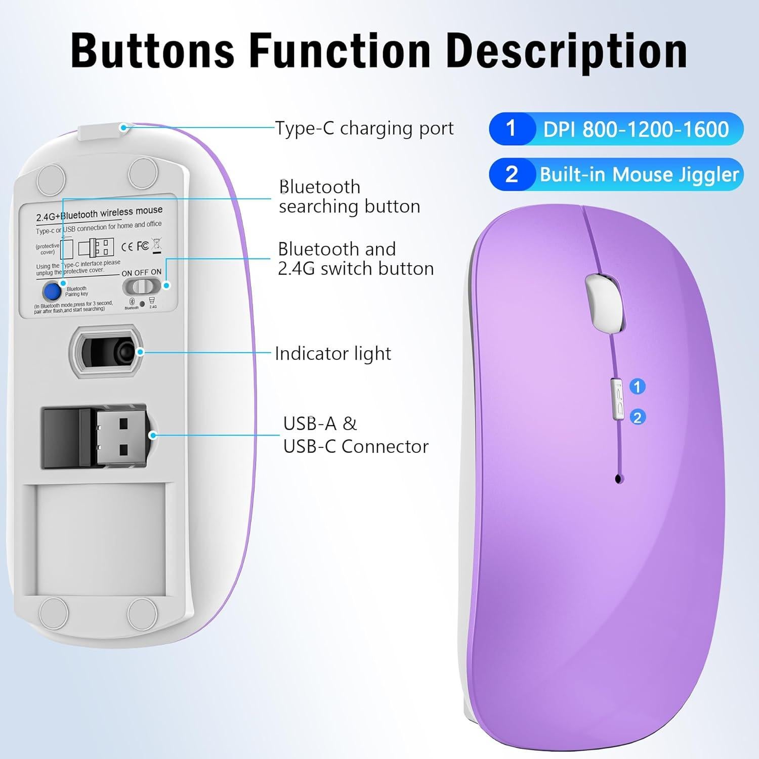 Ratón Bluetooth Inalámbrico FYBC Slim Recargable Púrpura