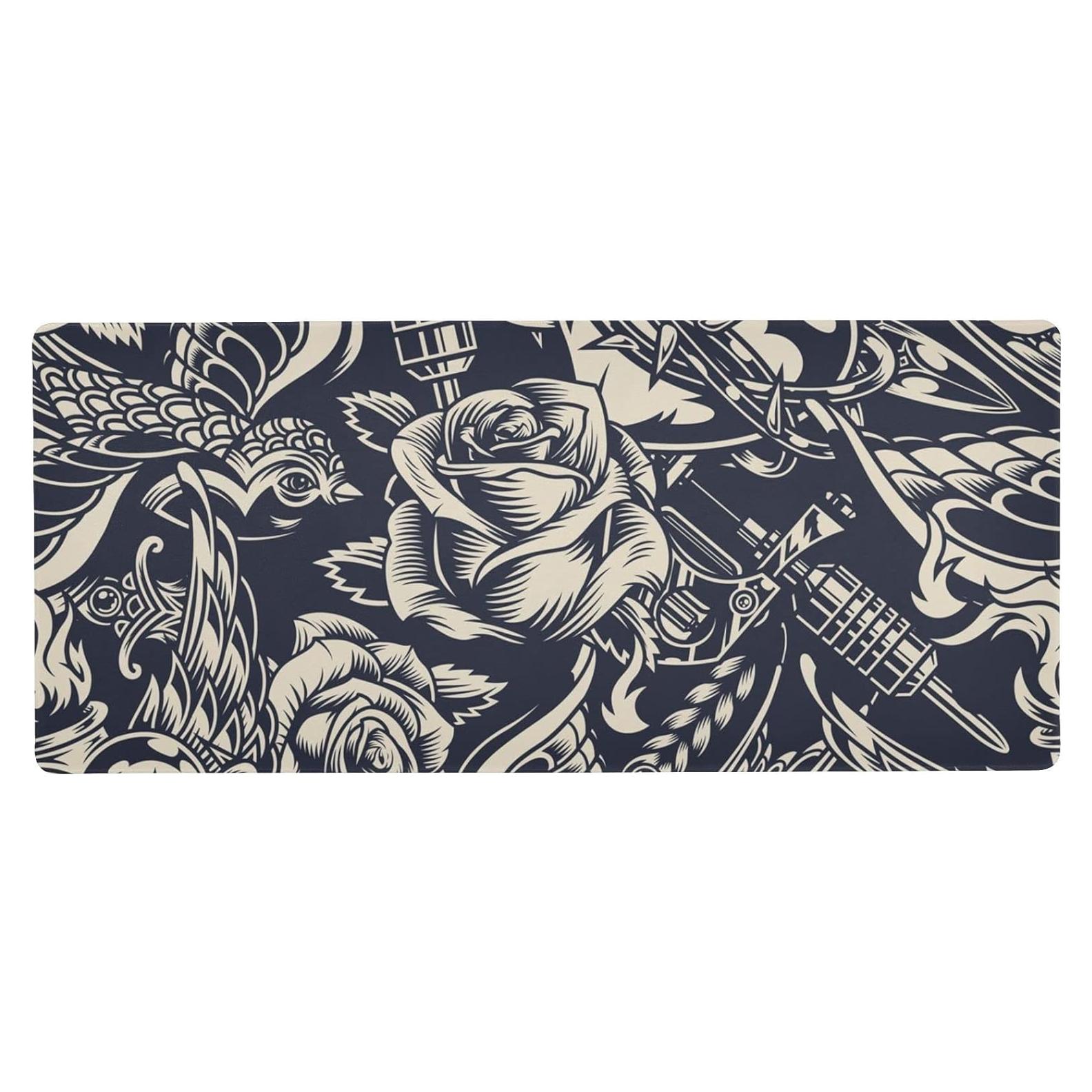 Gaming Mouse Mat - Large Non-Slip Waterproof Keyboard Desk Protector, 35.4x15.7 Inch, Multiple Pattern Vintage Monochrome Tattoo Themes for Home or Office
