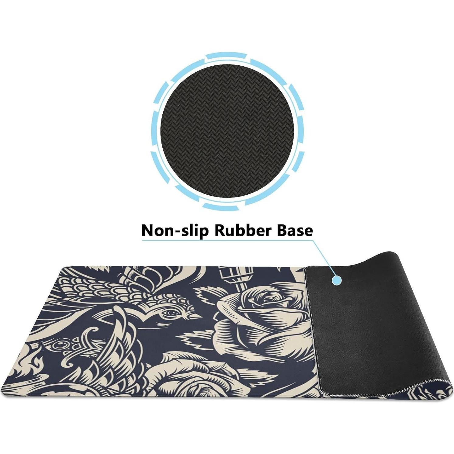 Gaming Mouse Mat - Large Non-Slip Waterproof Keyboard Desk Protector, 35.4x15.7 Inch, Multiple Pattern Vintage Monochrome Tattoo Themes for Home or Office