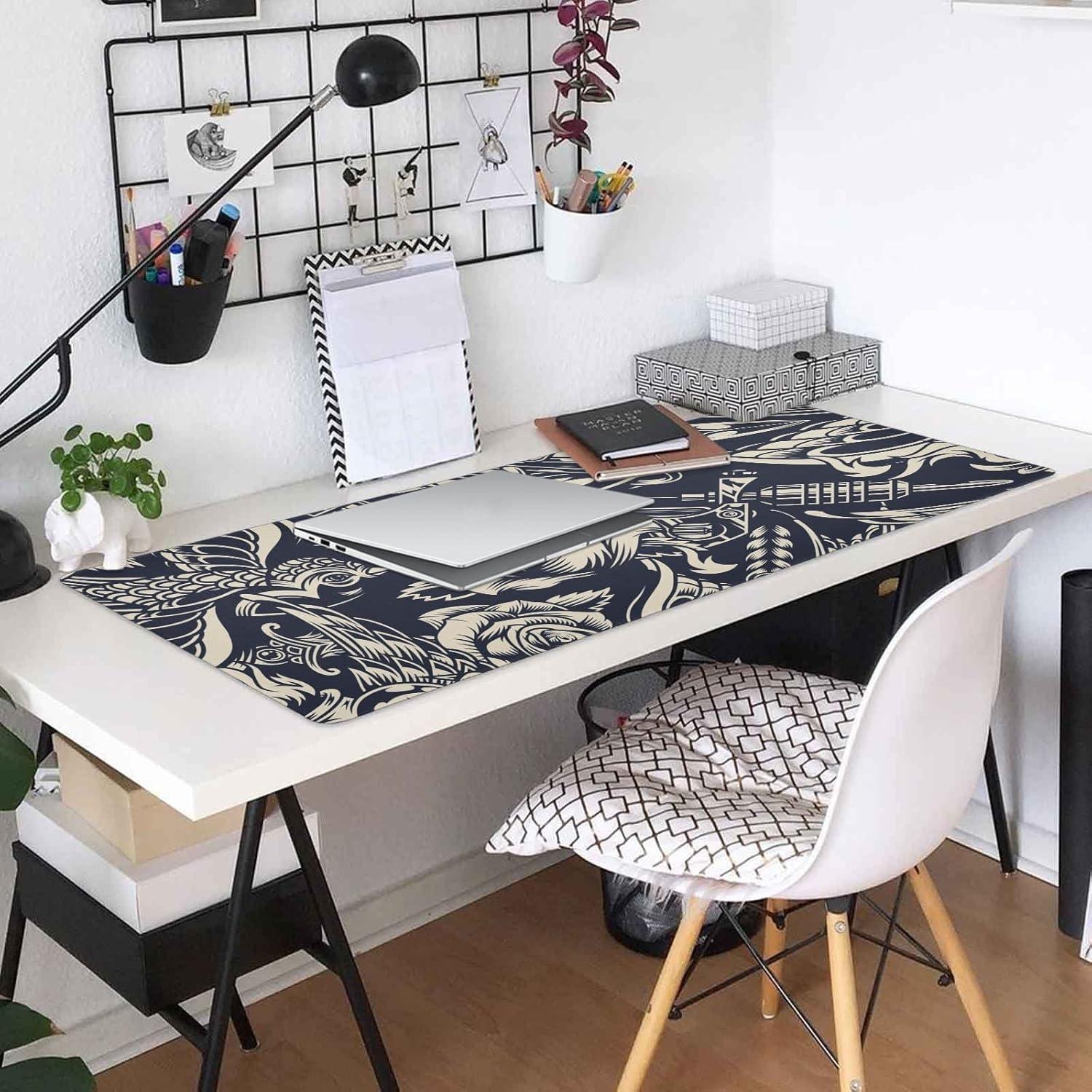 Gaming Mouse Mat - Large Non-Slip Waterproof Keyboard Desk Protector, 35.4x15.7 Inch, Multiple Pattern Vintage Monochrome Tattoo Themes for Home or Office