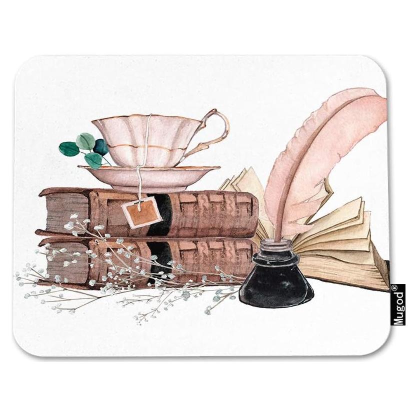 Mugod Old Books Mouse Pad Leaves Flowers Cup of Tea Inkwell and Feather Pen Vintage Gaming Mouse Mat Non-Slip Rubber Base Mousepad for Computer Laptop PC Desk Office&Home Working 9.5x7.9 Inch