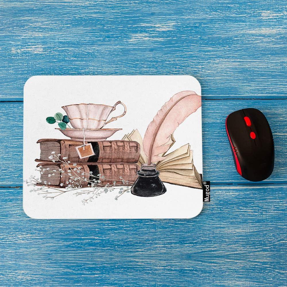 Mugod Old Books Mouse Pad Leaves Flowers Cup of Tea Inkwell and Feather Pen Vintage Gaming Mouse Mat Non-Slip Rubber Base Mousepad for Computer Laptop PC Desk Office&Home Working 9.5x7.9 Inch