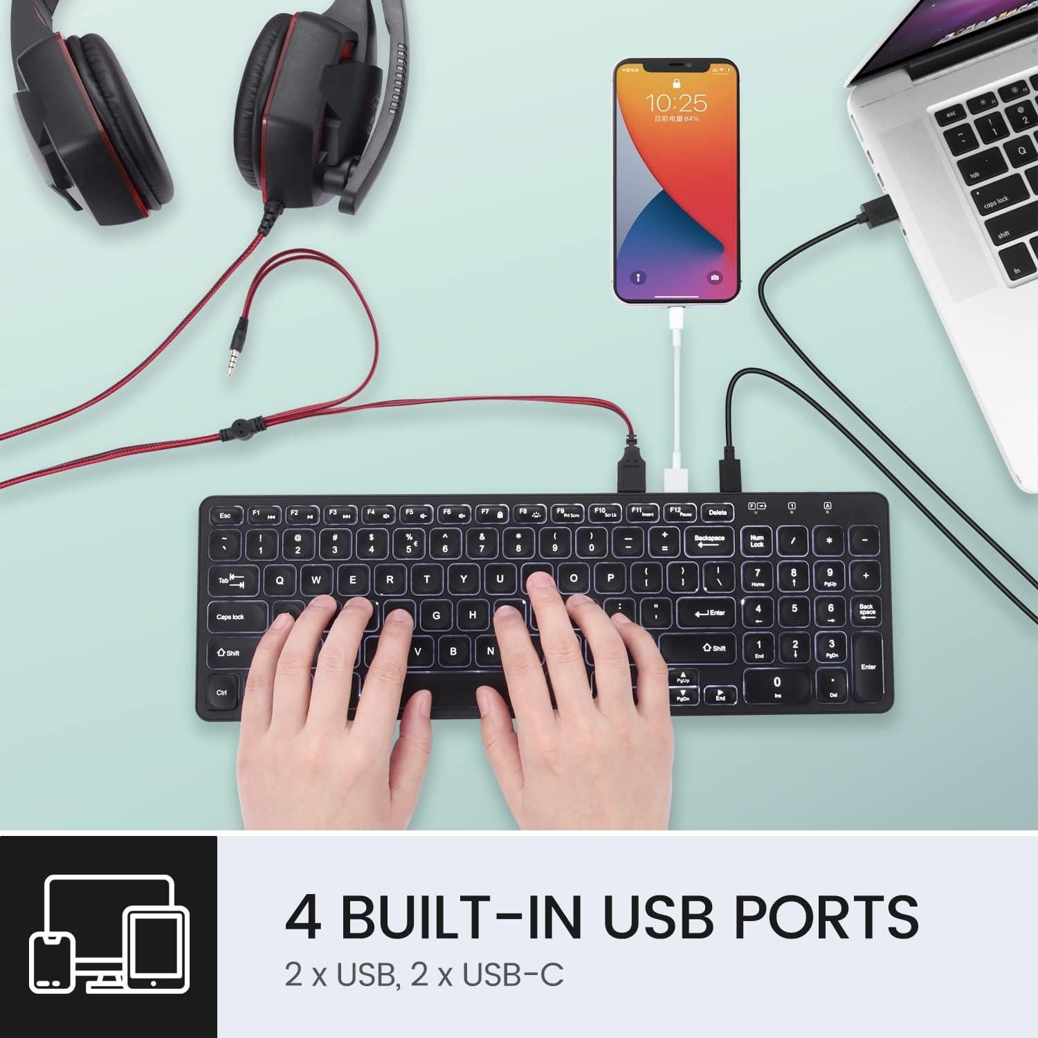 Teclado Perixx PERIBOARD-215B USB-C con 4 Puertos Integrados