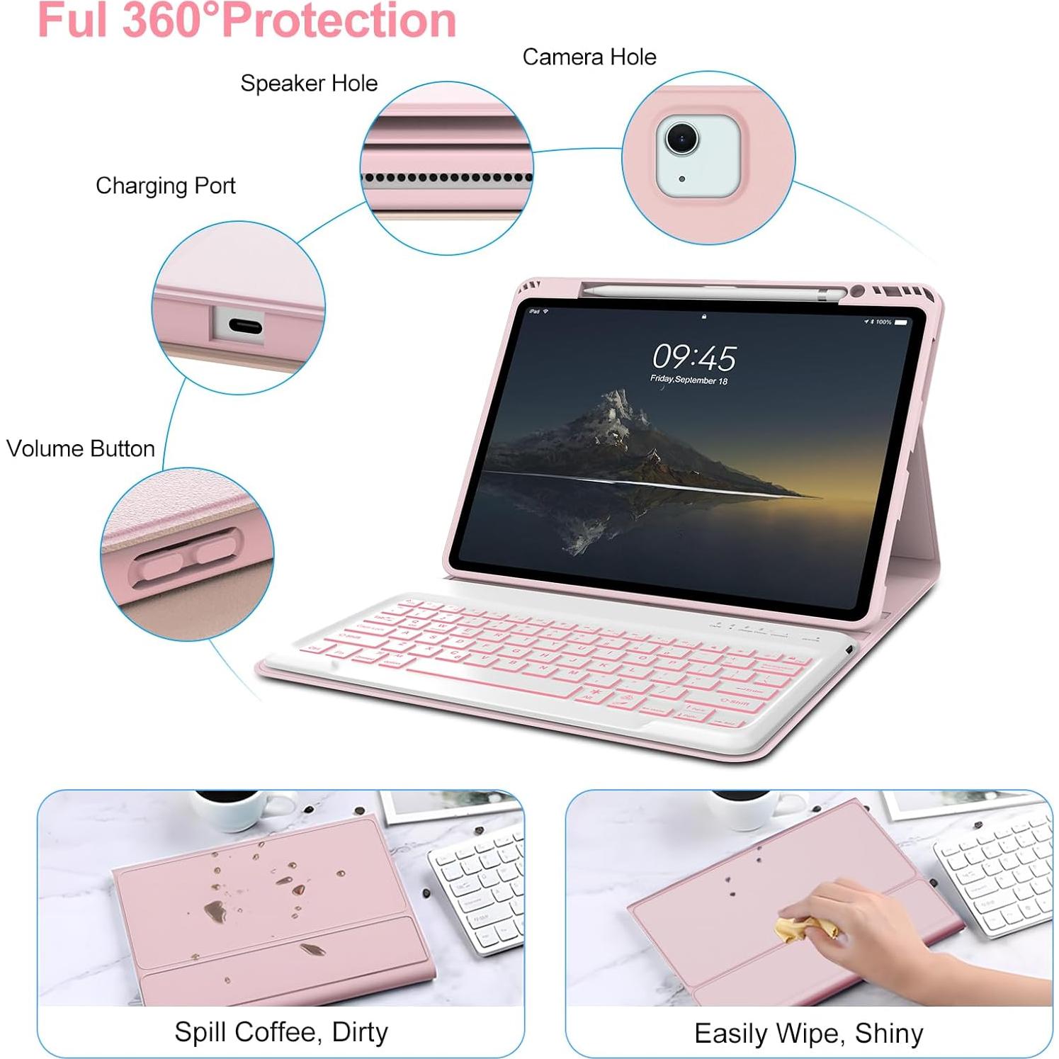 Funda Teclado iPad Air 13" IVEOPPE Bluetooth Rosa Retroiluminada