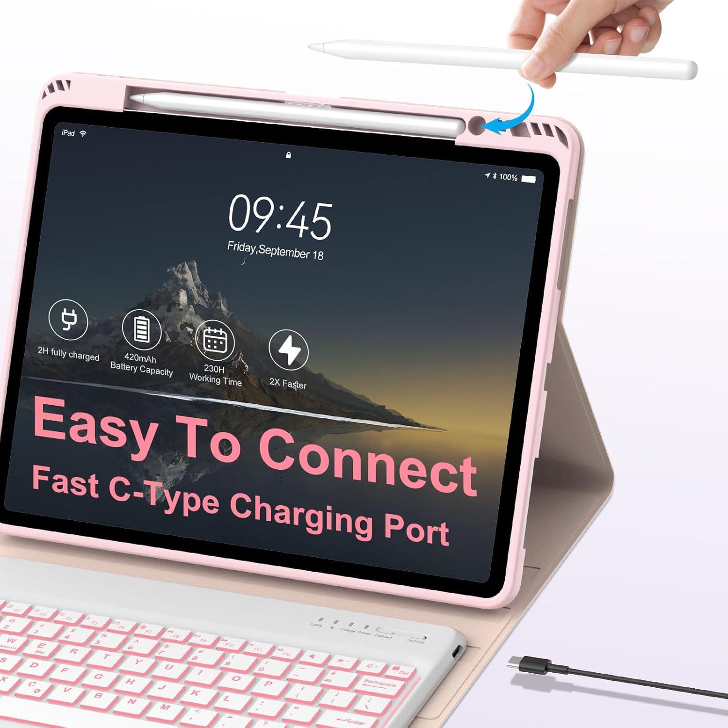 Funda Teclado iPad Air 13" IVEOPPE Bluetooth Rosa Retroiluminada