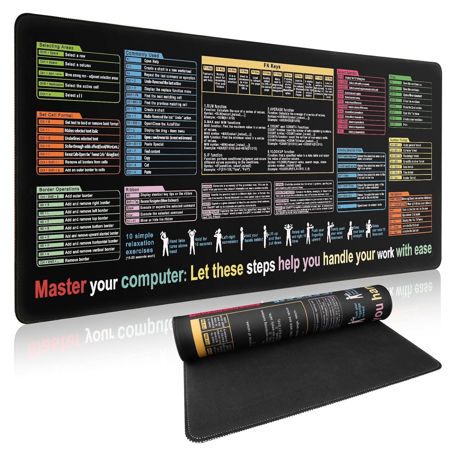 Alfombrilla de Ratón Grande Furniou con Atajos de Excel 30x5cm