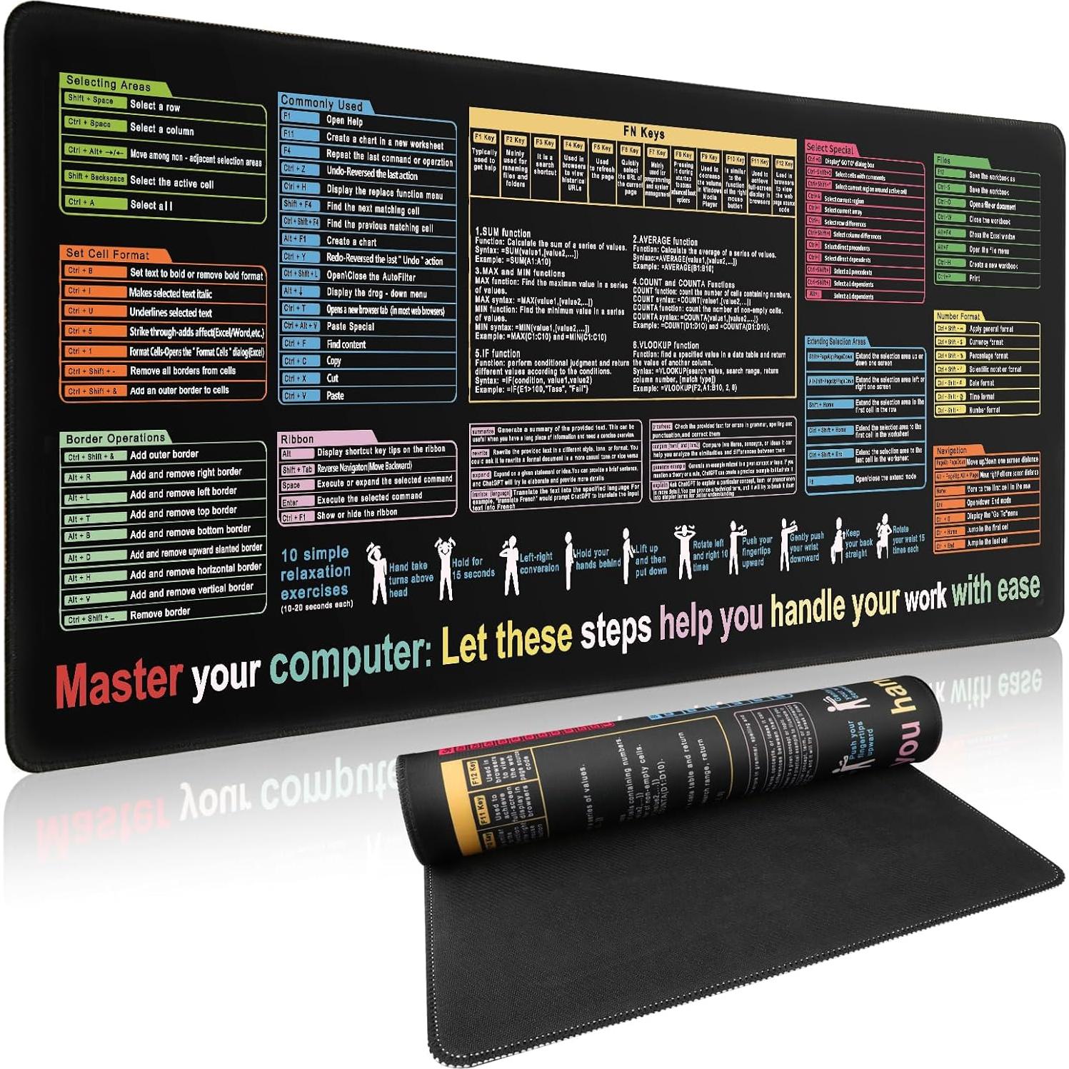 Alfombrilla de Ratón Grande Furniou con Atajos de Excel 30x5cm