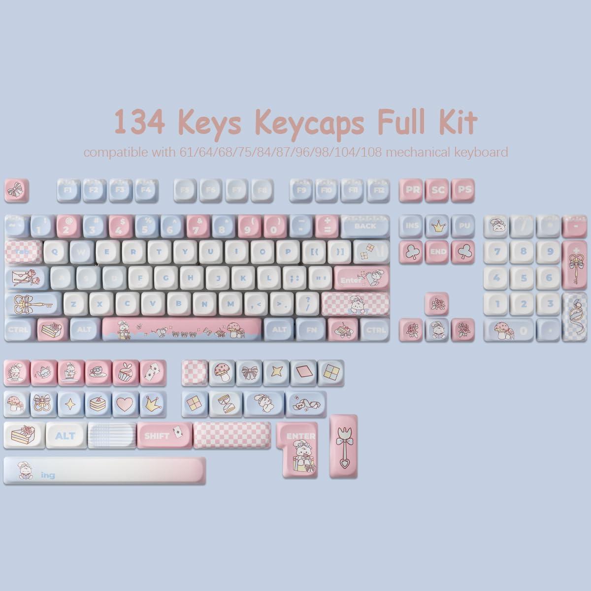 PBT Keycaps 134 Keys MOA Profile Cute Keycaps Dye-Sublimation Alice Bunny Keycap Set Custom Keycap for Cherry Gateron MX Swithes Mechanical Keyboards