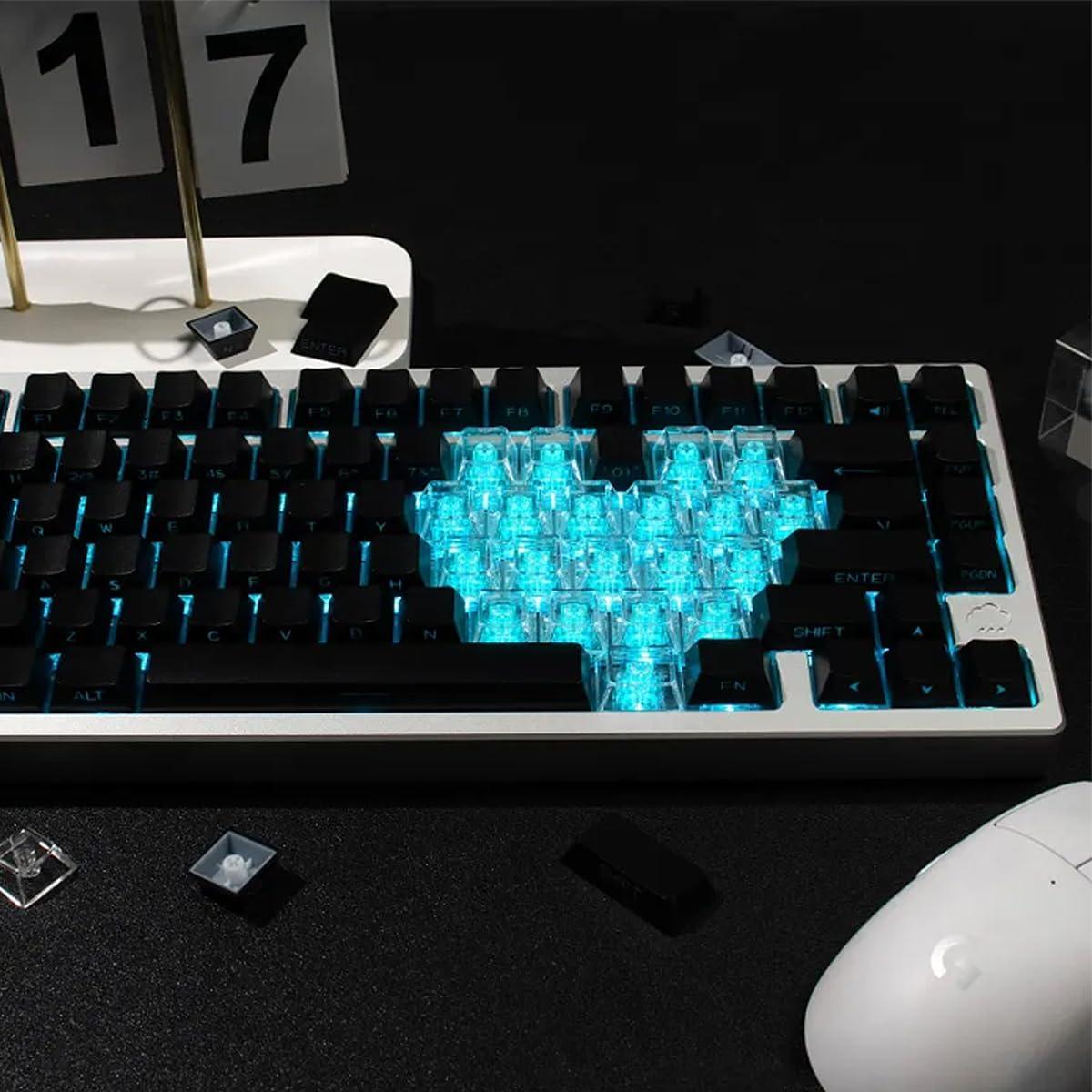 21keys Love Crystal Clear Keycaps, Transparent Custom Cherry Profile Keycap, Heart-Shaped Backlit Keycap Replacement Key for Mx Switches Mechanical Keyboard, DIY Removable Stickers