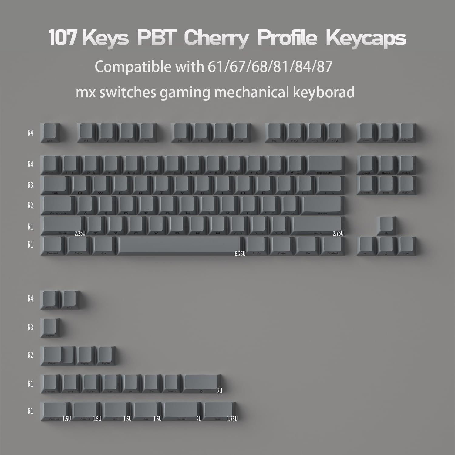Juego de Teclas Grises PBT Mintcaps 107 Teclas para Mecánicos