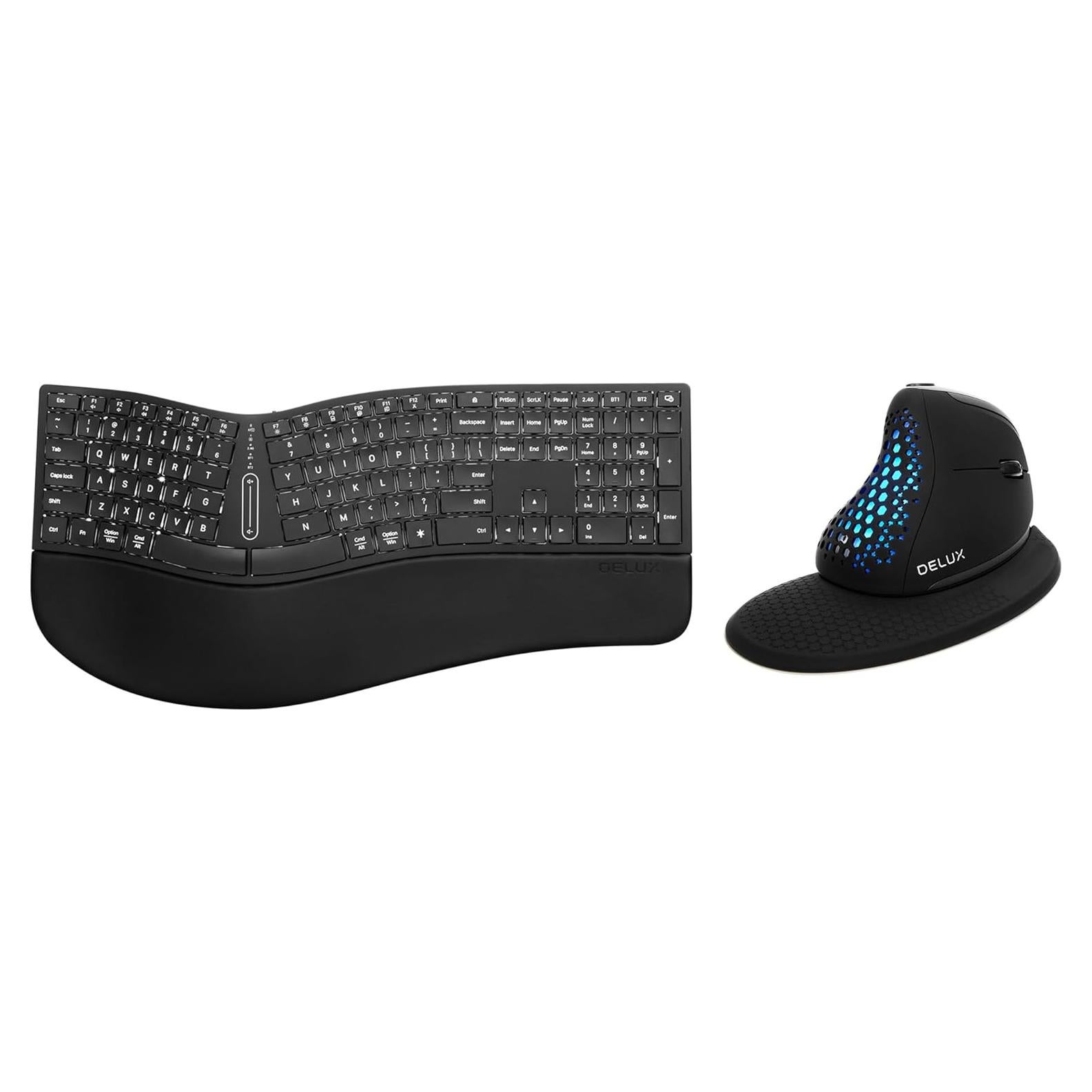 DeLUX Wireless Ergonomic Keyboard and Mouse Combo, Full Size Backlit Split Keyboard and Vertical Mouse with OLED Screen