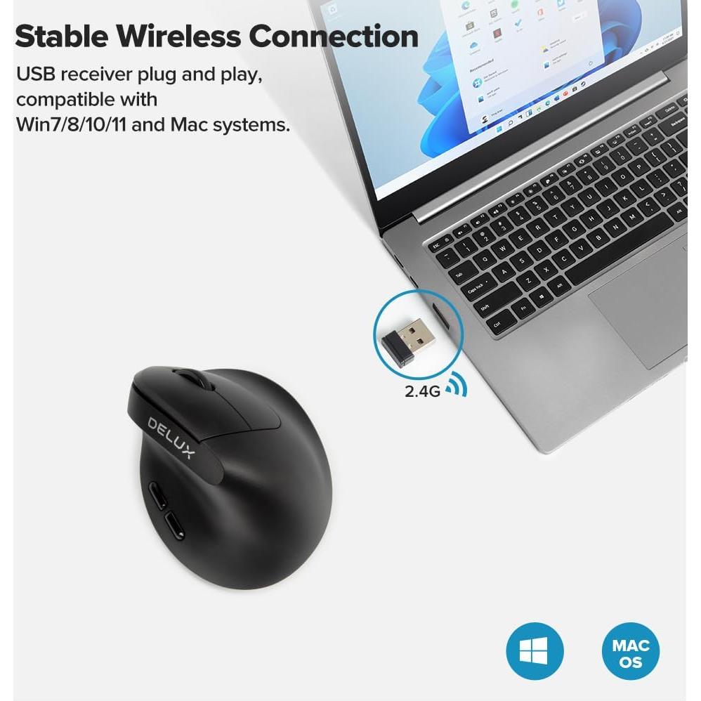 DeLUX Full Size Backlit Ergonomic Keyboard with Voume Control and M618AIRGX Wireless Vertical Mouse Combo