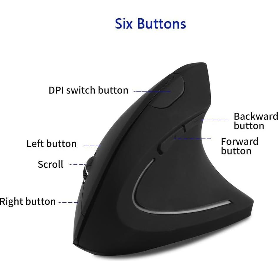 Ergonomic Mouse,2.4G Wireless Vertical Mouse,800/1200/1600DPI,6 Buttons Optical Cordless Mouse with USB Receiver for PC,Laptop,Computer, MacBook(Right Hand,Black)