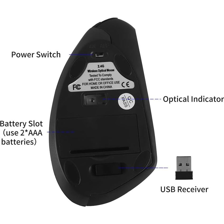 Ergonomic Mouse,2.4G Wireless Vertical Mouse,800/1200/1600DPI,6 Buttons Optical Cordless Mouse with USB Receiver for PC,Laptop,Computer, MacBook(Right Hand,Black)