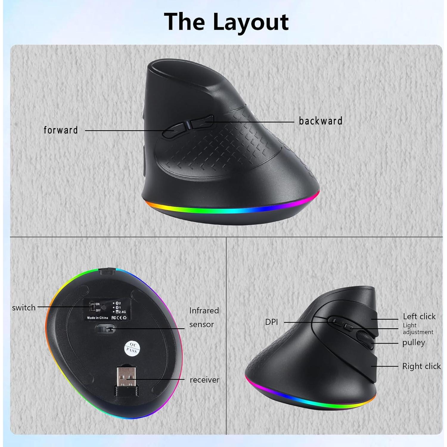 Ratón Vertical Inalámbrico Ergonómico SVJEFY Negro 3 DPI RGB