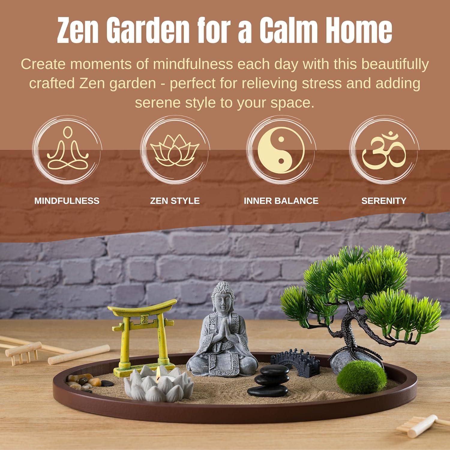 Jardín Zen de Escritorio Roanle 34x20cm con Buda y Bonsái