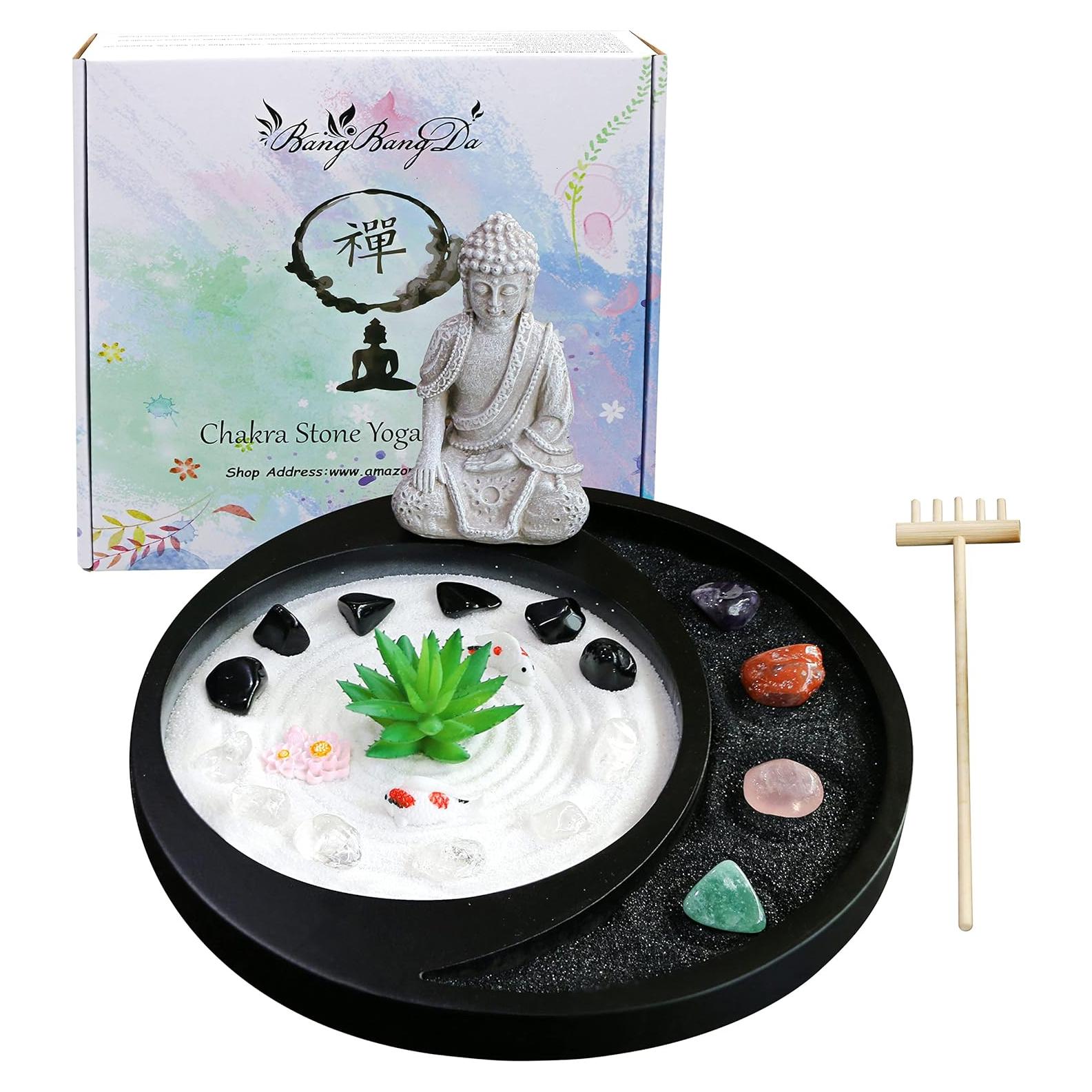 Meditation Buddha Zen Garden Accessories Japanese Desktop Rock Garden with Healing Crystal Stones Shine Altar Sand Tray Therapy Kit Decor Office Home Stress Relief Spiritual Decor Zen Healing Gifts