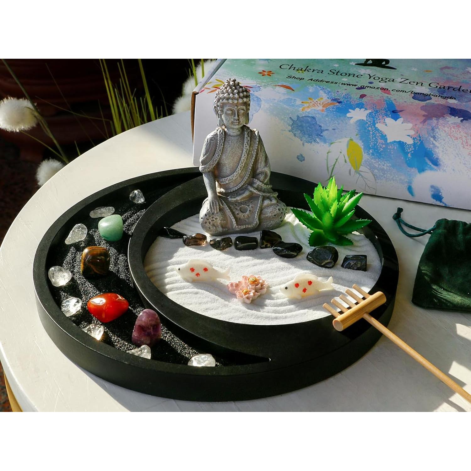 Meditation Buddha Zen Garden Accessories Japanese Desktop Rock Garden with Healing Crystal Stones Shine Altar Sand Tray Therapy Kit Decor Office Home Stress Relief Spiritual Decor Zen Healing Gifts