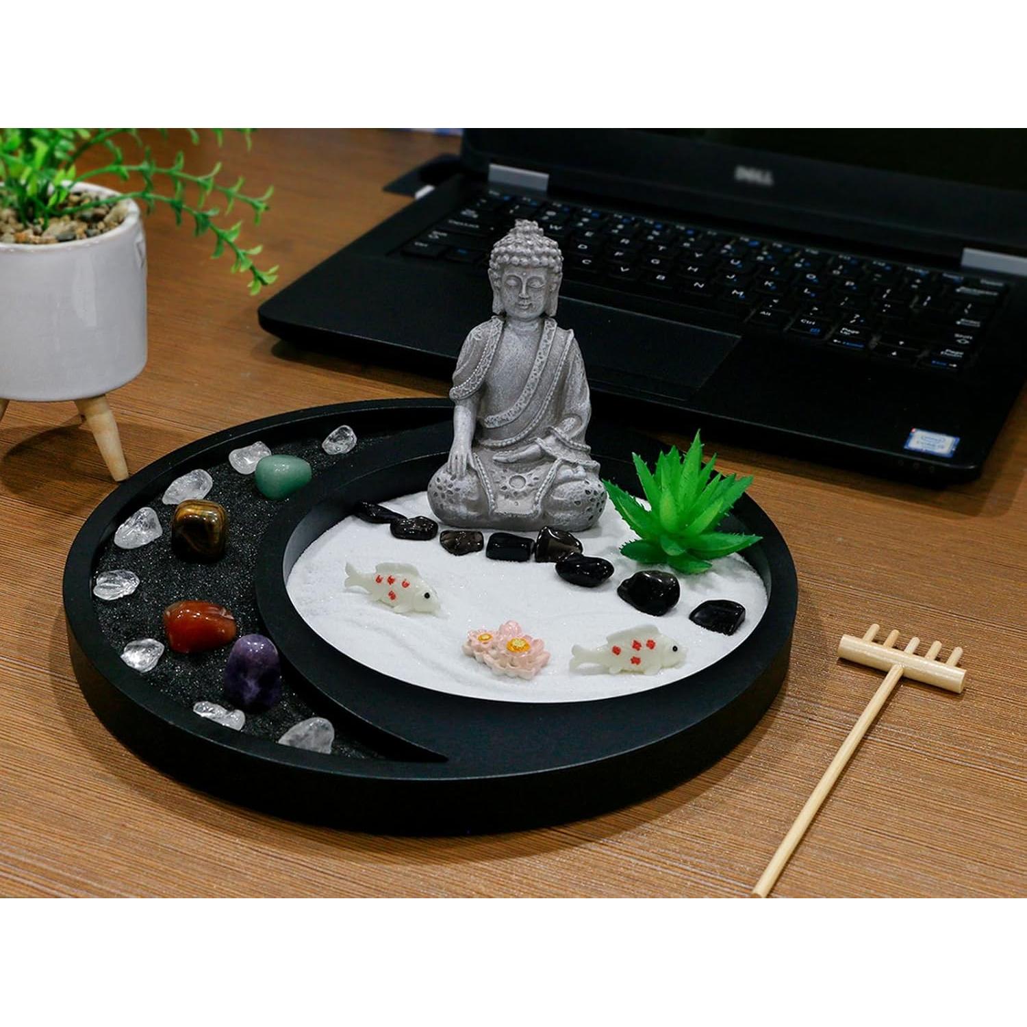 Meditation Buddha Zen Garden Accessories Japanese Desktop Rock Garden with Healing Crystal Stones Shine Altar Sand Tray Therapy Kit Decor Office Home Stress Relief Spiritual Decor Zen Healing Gifts