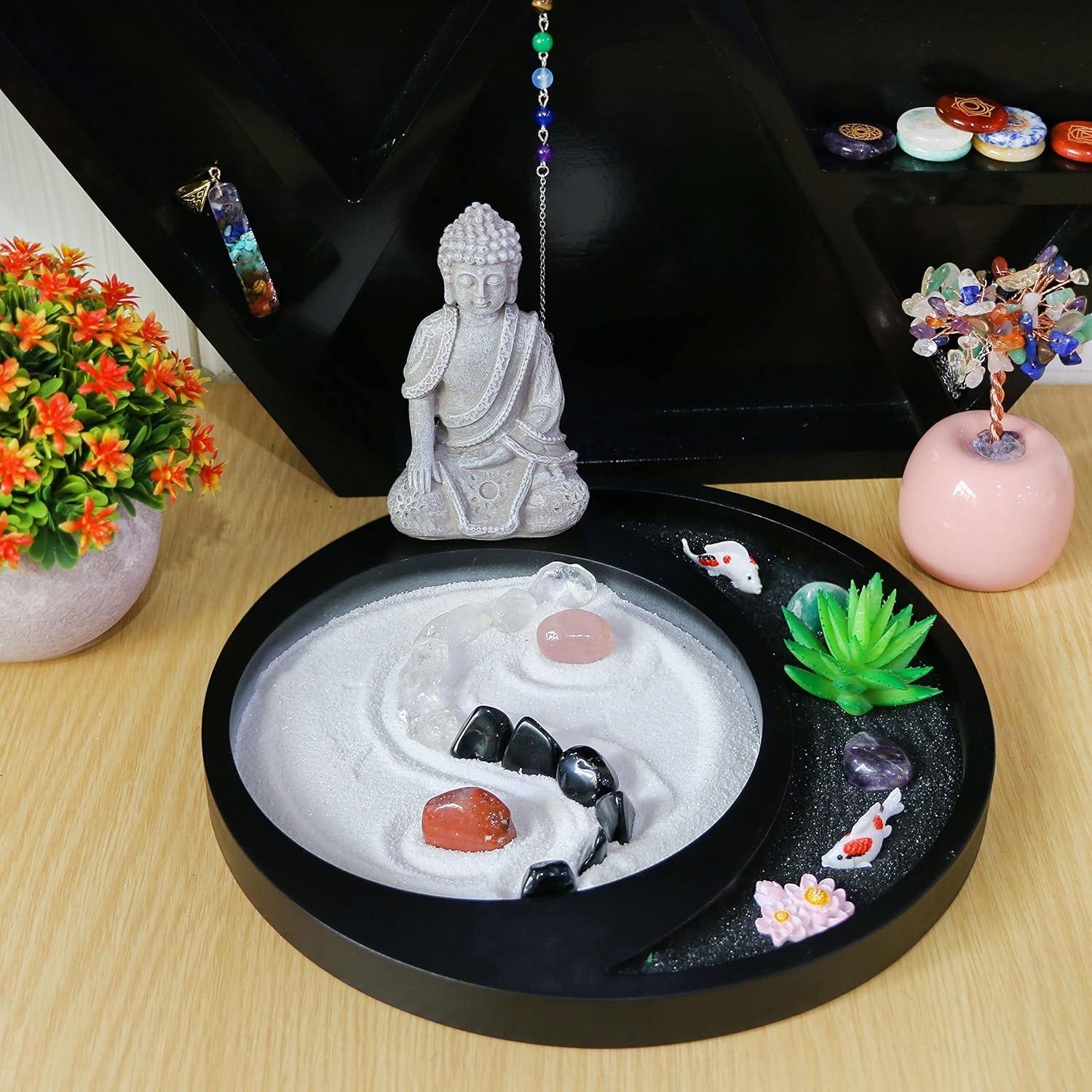 Meditation Buddha Zen Garden Accessories Japanese Desktop Rock Garden with Healing Crystal Stones Shine Altar Sand Tray Therapy Kit Decor Office Home Stress Relief Spiritual Decor Zen Healing Gifts