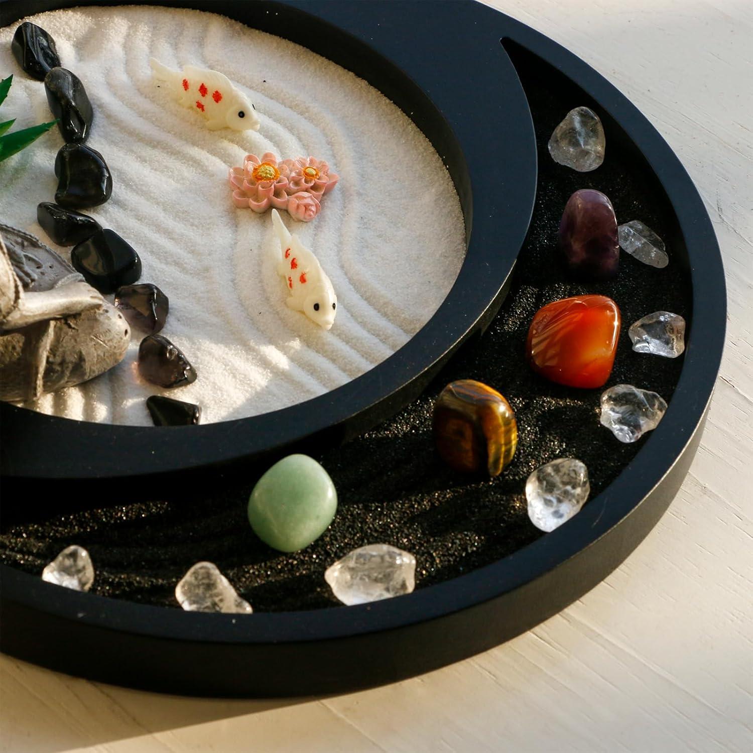 Meditation Buddha Zen Garden Accessories Japanese Desktop Rock Garden with Healing Crystal Stones Shine Altar Sand Tray Therapy Kit Decor Office Home Stress Relief Spiritual Decor Zen Healing Gifts