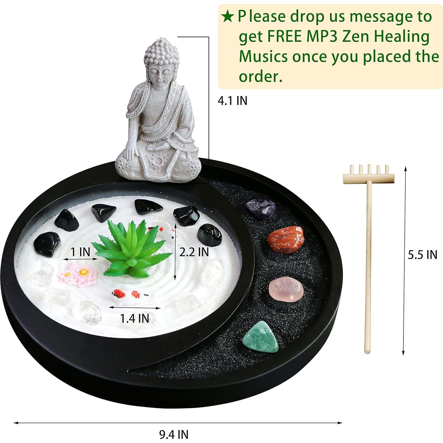 Meditation Buddha Zen Garden Accessories Japanese Desktop Rock Garden with Healing Crystal Stones Shine Altar Sand Tray Therapy Kit Decor Office Home Stress Relief Spiritual Decor Zen Healing Gifts