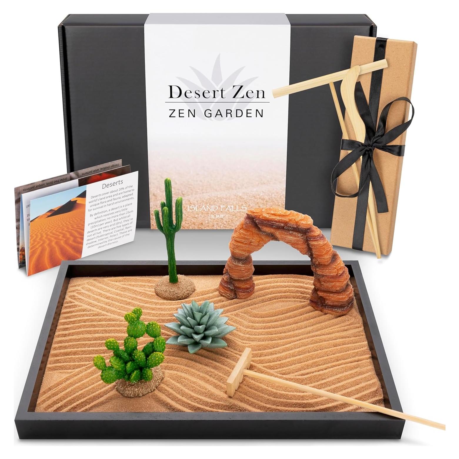 Desert Zen Garden Kit. Premium Home Cactus Decor. 11x8 Sand Tray. 4 Artificial Features, Brown Sand, 3 Handcrafted Wood Tools. Southwestern Desert Decor Zen Garden for Desk Therapy